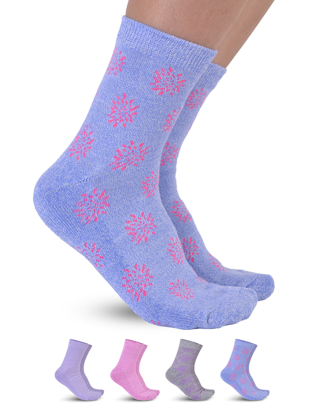 Light blue socks with pink floral patterns on a white background, with additional pairs displayed below.
