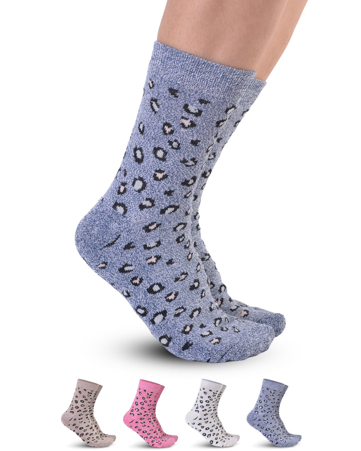 Blue leopard print socks with additional pairs in gray, pink, and white on a white background