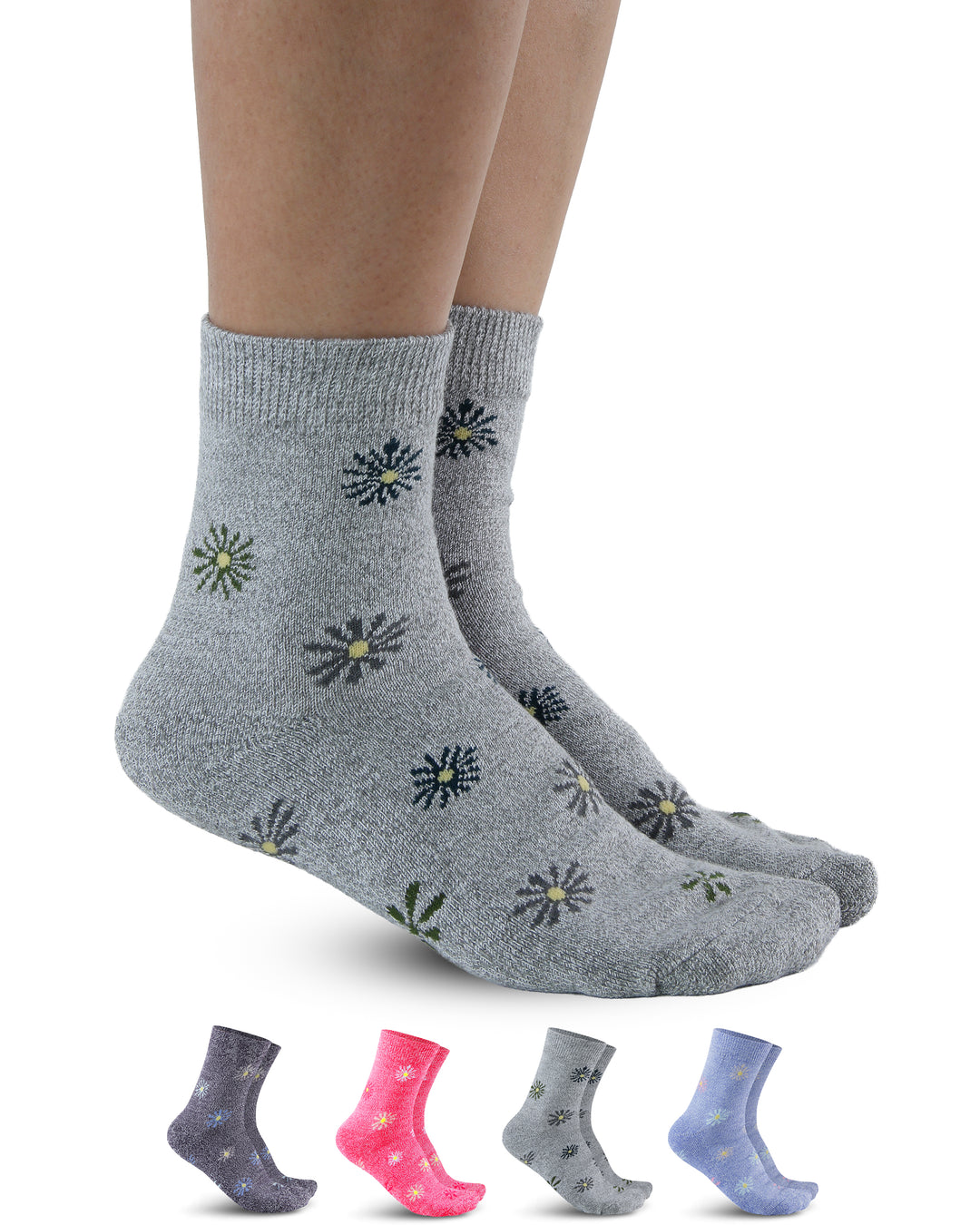 Gray socks with floral patterns worn by a person on a white background