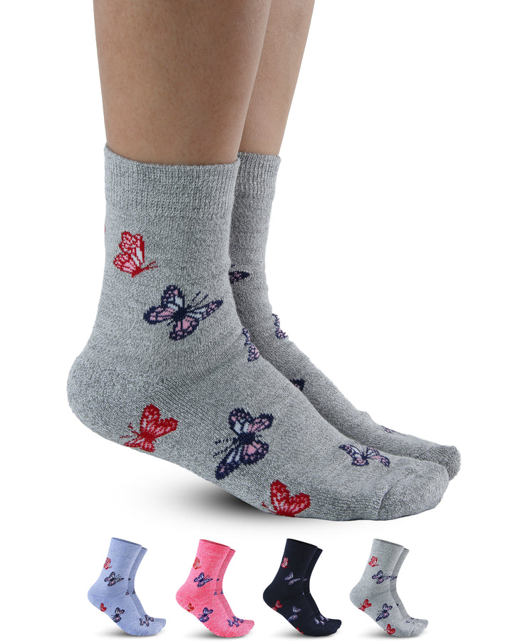 Gray socks with butterfly designs worn by a person, with additional pairs displayed below on a white background.
