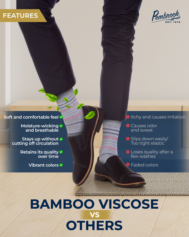 Person wearing bamboo viscose socks with features highlighted on a light wooden floor.