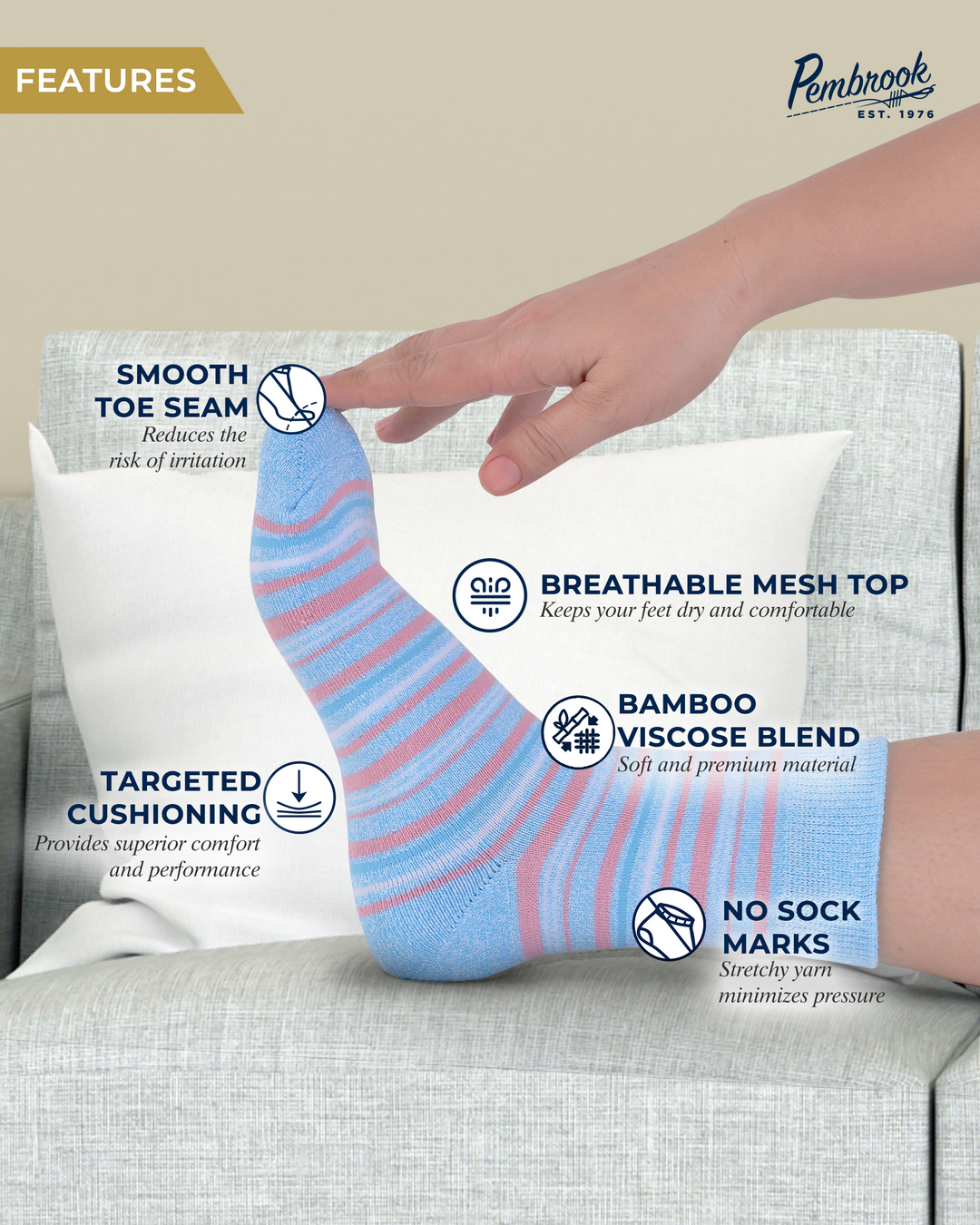 Blue and pink striped sock with features highlighted on a neutral background