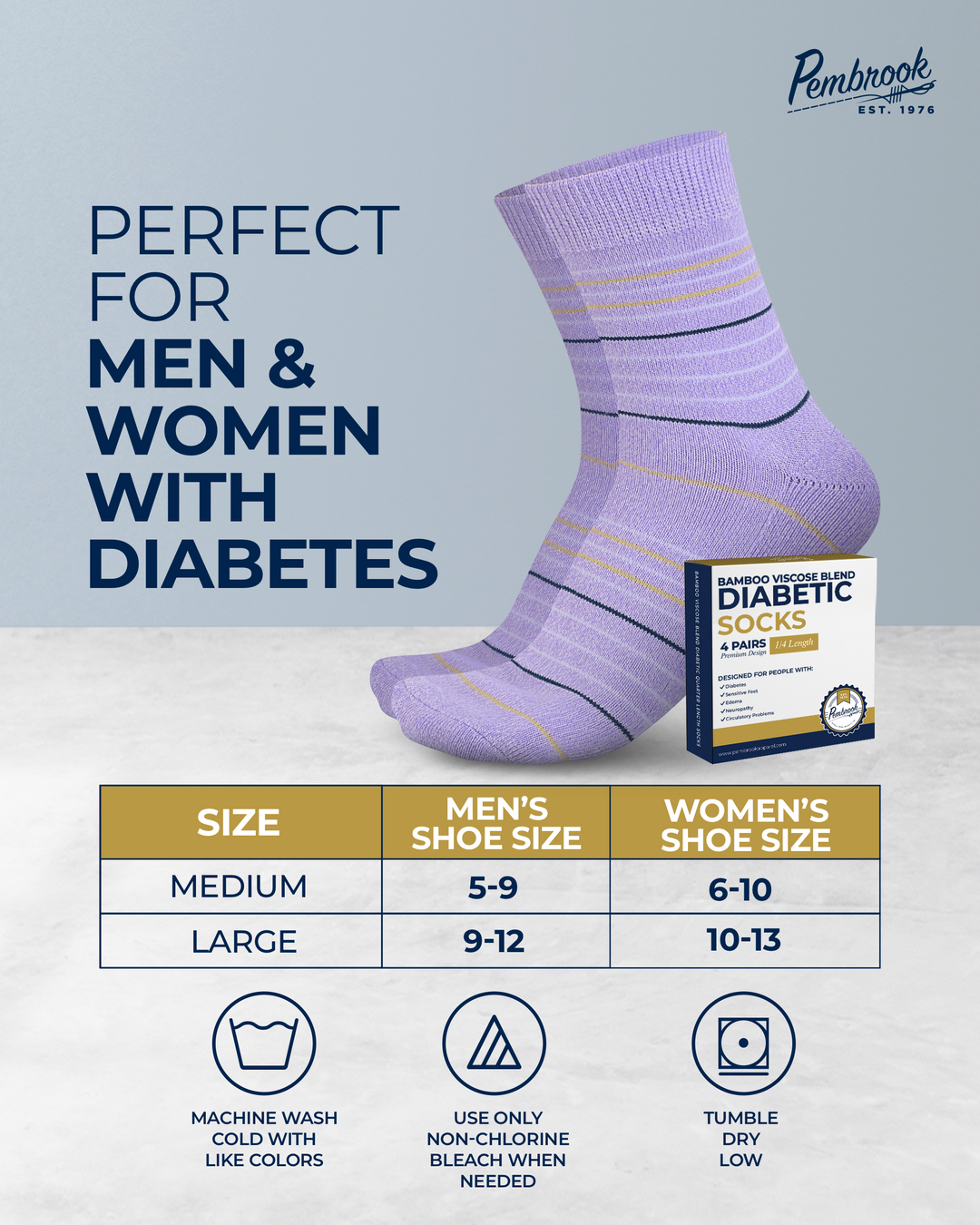 Diabetic socks with packaging and size chart on a light gray background