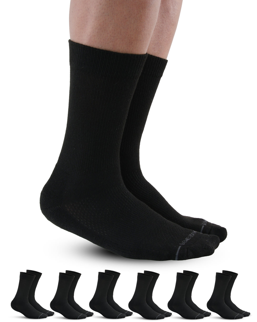 Black socks on feet with a row of black socks below on a white background