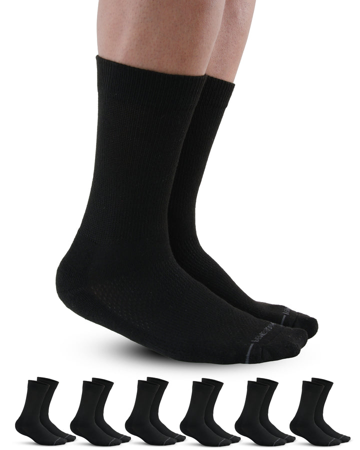 Black socks on feet with a row of black socks below on a white background
