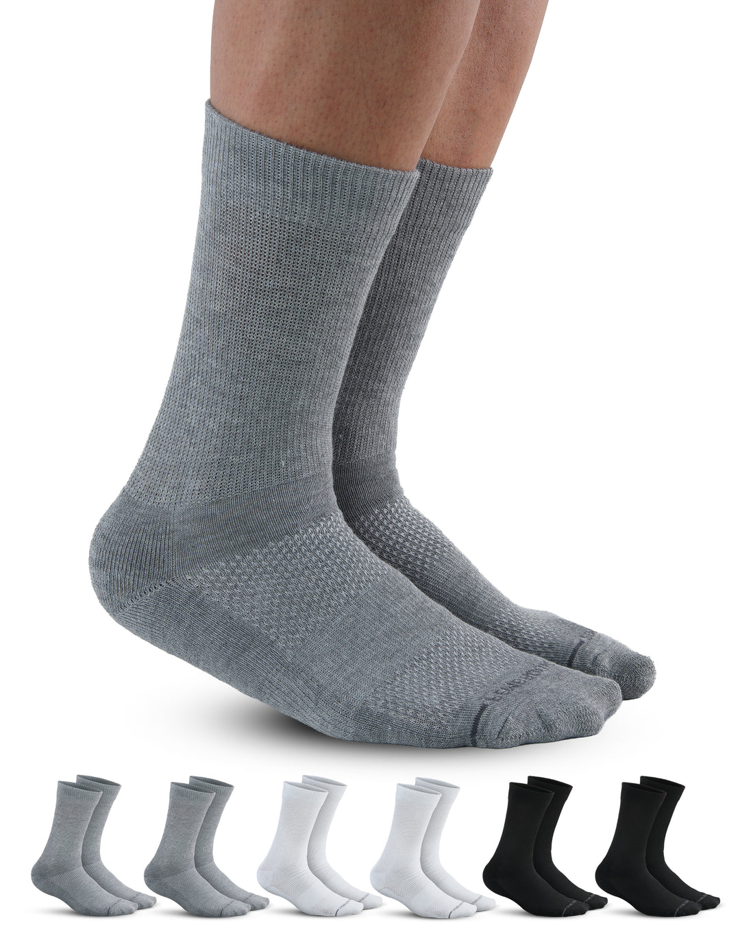 Gray socks on feet with a row of gray, white, and black socks below on a white background