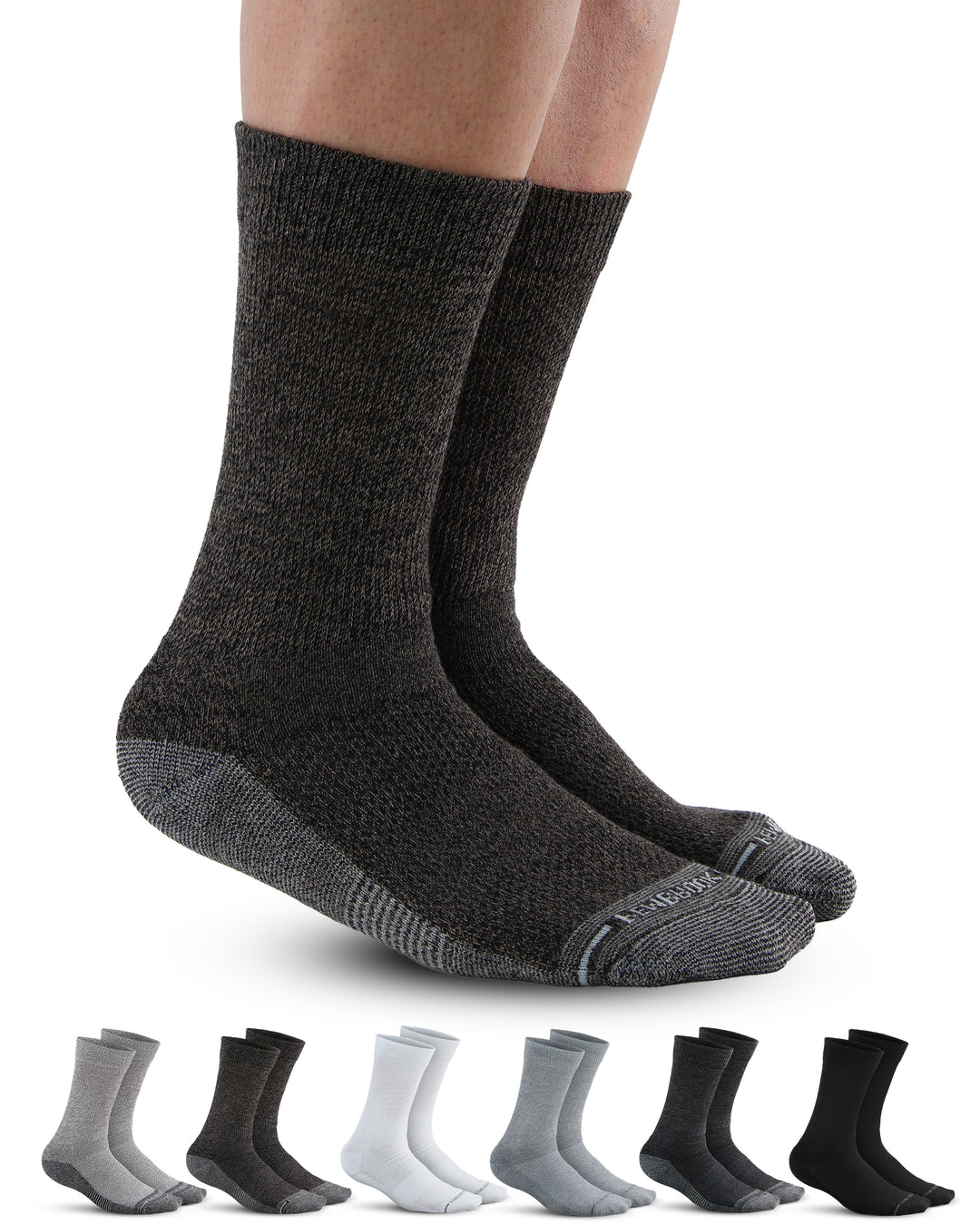 Dark gray socks with a row of various color options below on a white background
