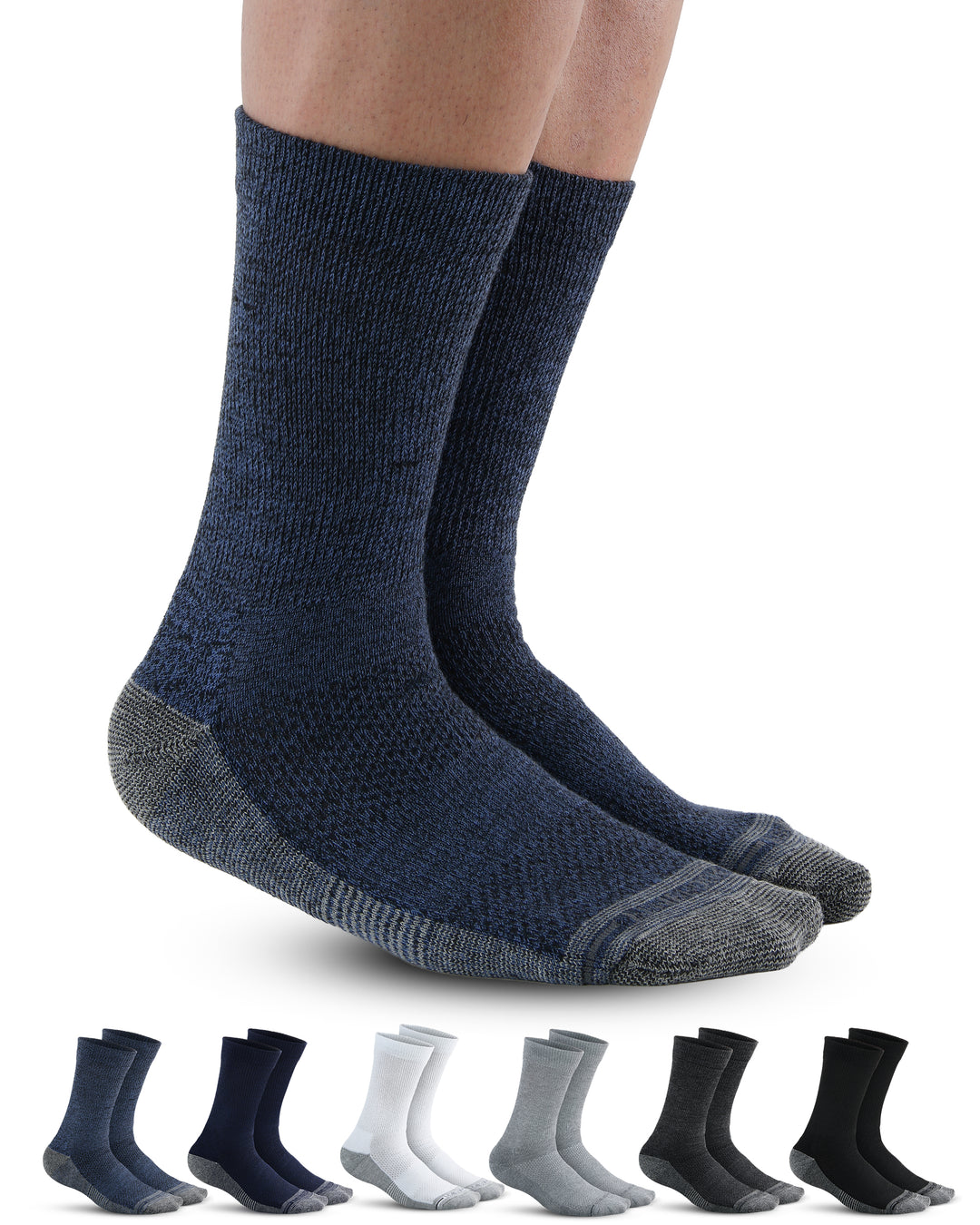 Dark blue socks with a row of additional sock colors below on a white background