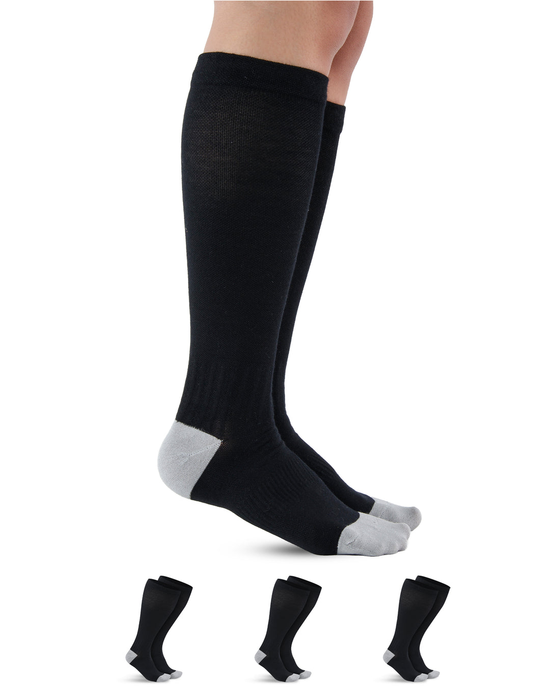 Black knee-high socks with gray accents on a white background