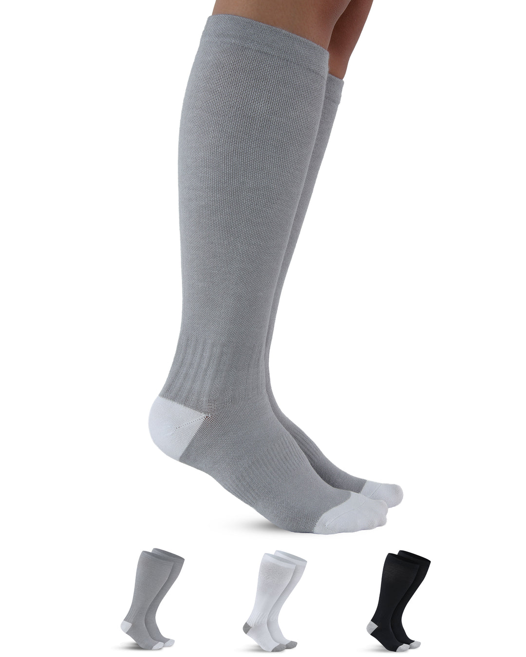 Gray knee-high socks with additional pairs in white and black on a white background