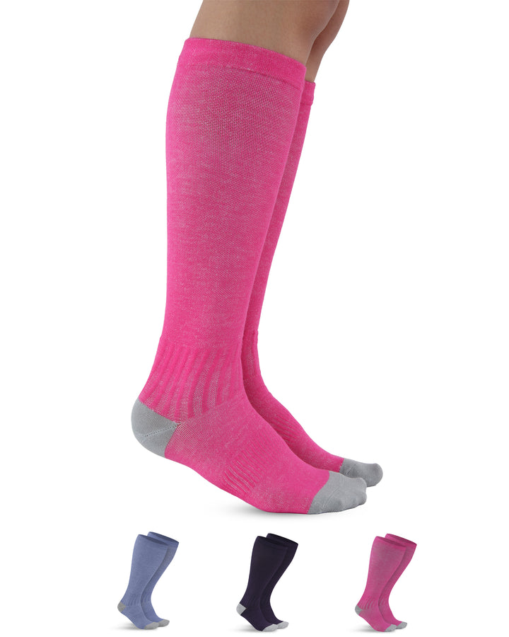 Pink knee-high socks with gray toes and heels on a white background, with three additional pairs of socks displayed below.