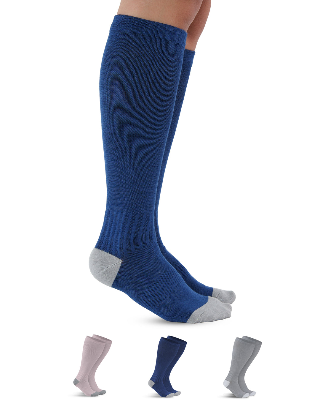 Blue knee-high socks with gray toes and heels on a white background