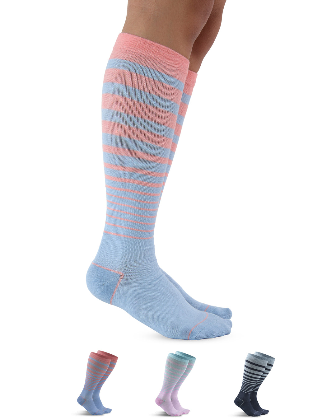 Knee-high socks with pink and blue stripes on a white background