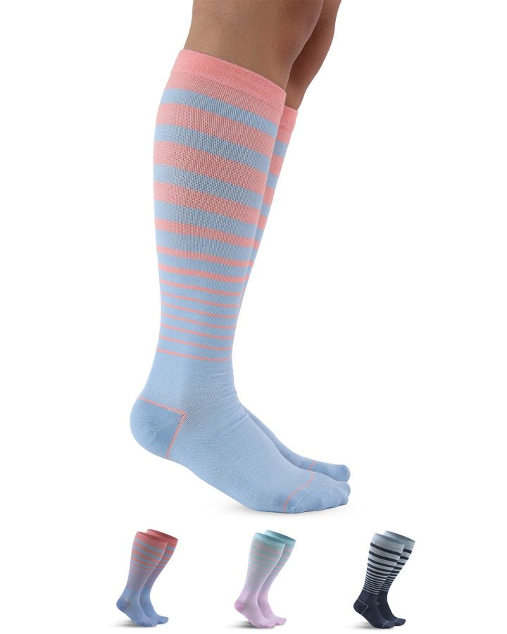 Knee-high socks with pink and blue stripes on a white background