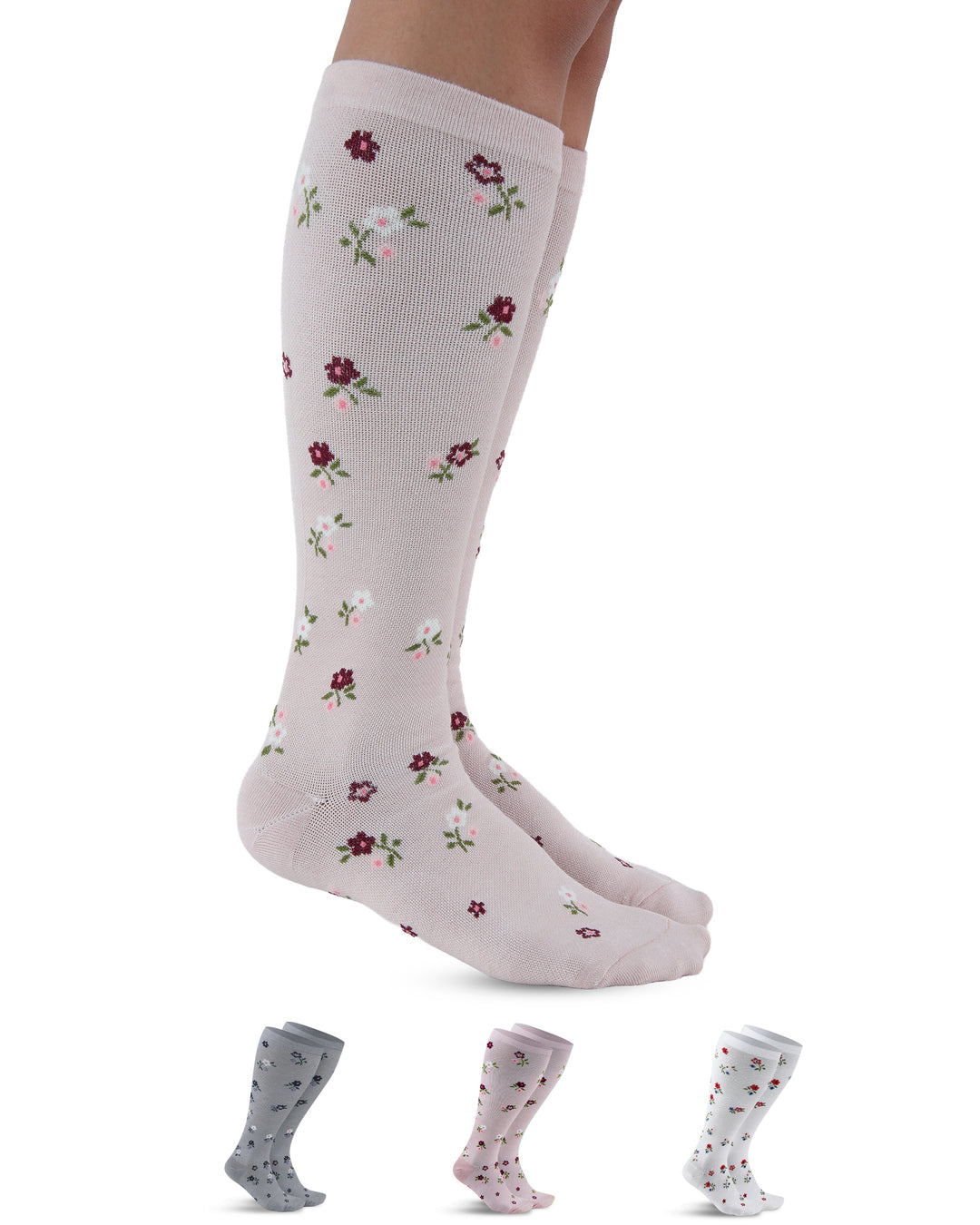 Knee-high socks with floral pattern and three smaller pairs displayed below on a white background