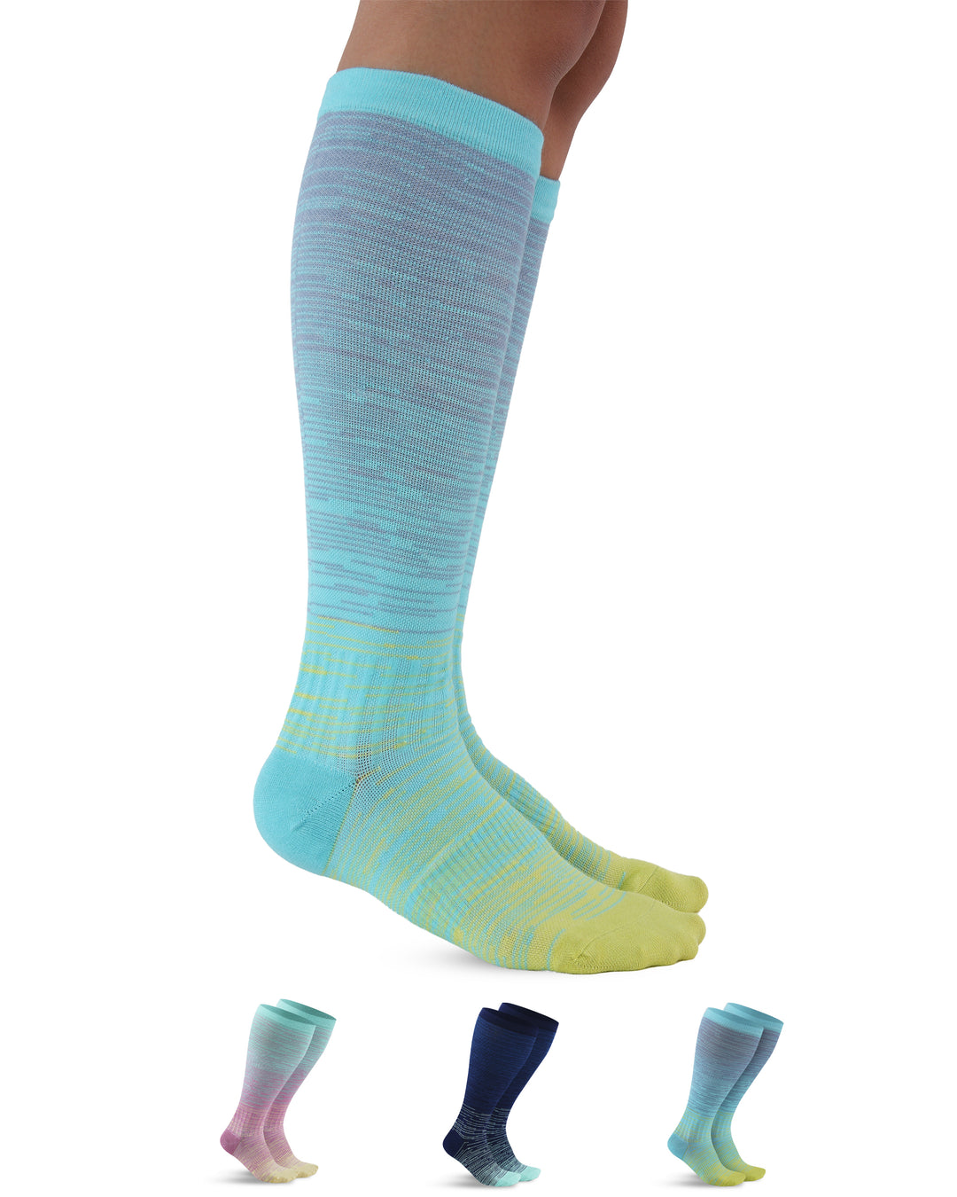 Knee-high socks with gradient color pattern on a white background