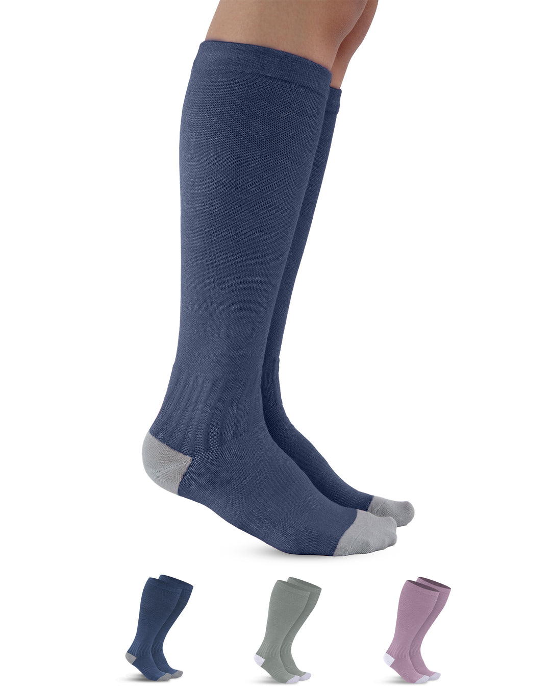 Navy knee-high socks with gray toes and heels on a white background