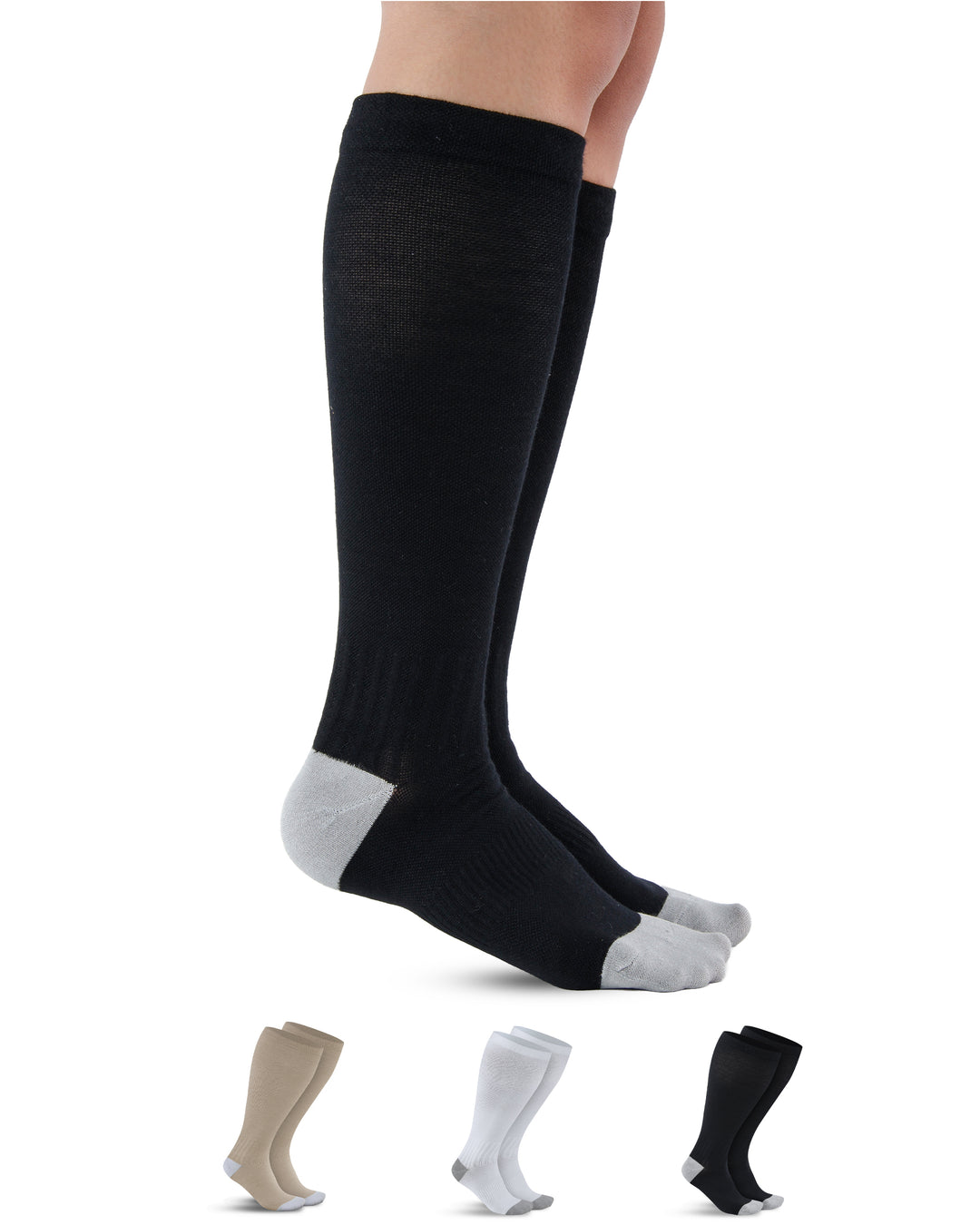 Black knee-high socks with gray accents on a white background, with additional pairs of socks displayed below.