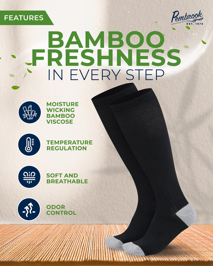 Black knee-high socks with features listed on a beige background, featuring the brand &
