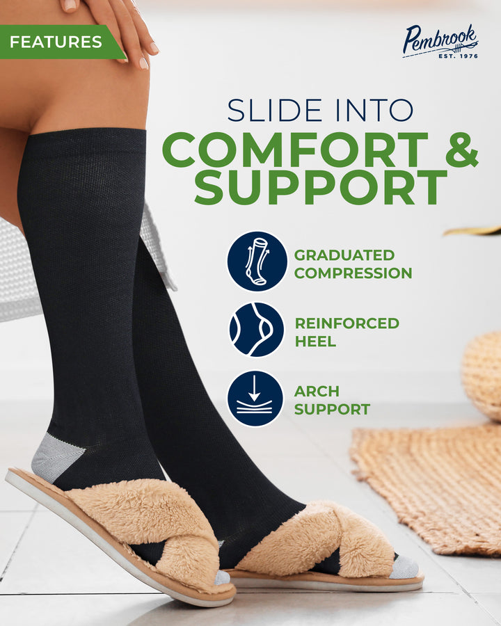 Black compression socks with features listed on a white background