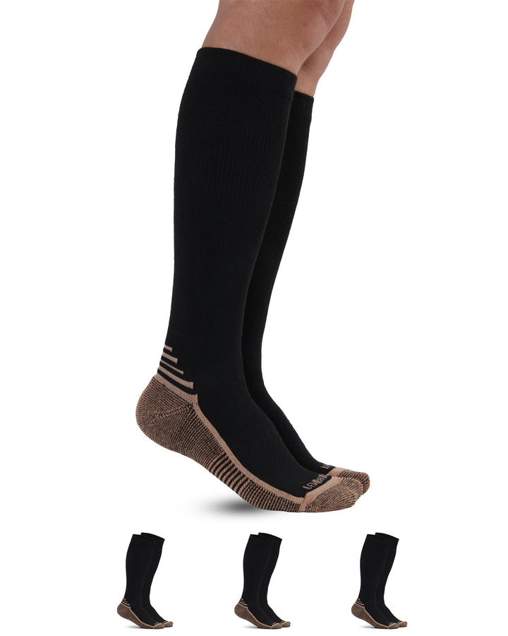 Black knee-high socks with brown soles on a white background