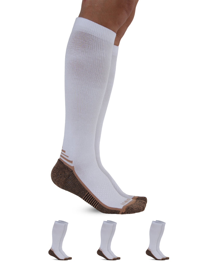 White knee-high socks with brown soles on a white background