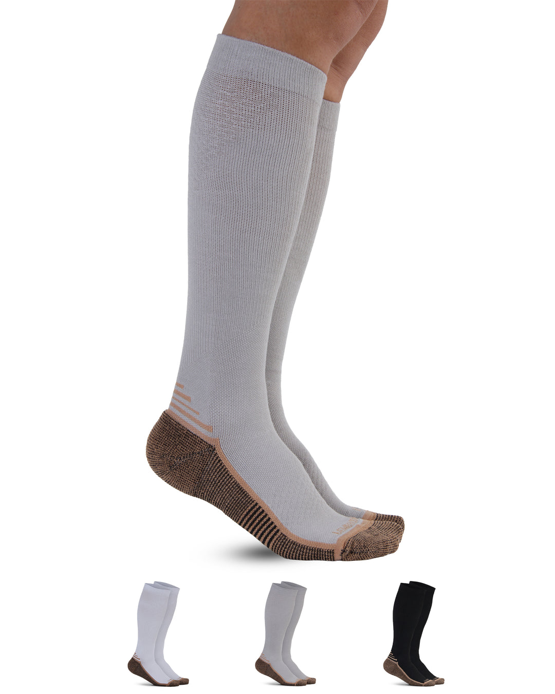 Gray knee-high socks with brown toes and heels on a white background