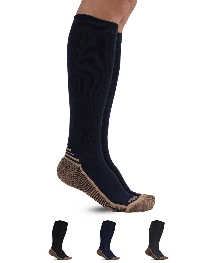 Navy knee-high socks with brown soles on a white background