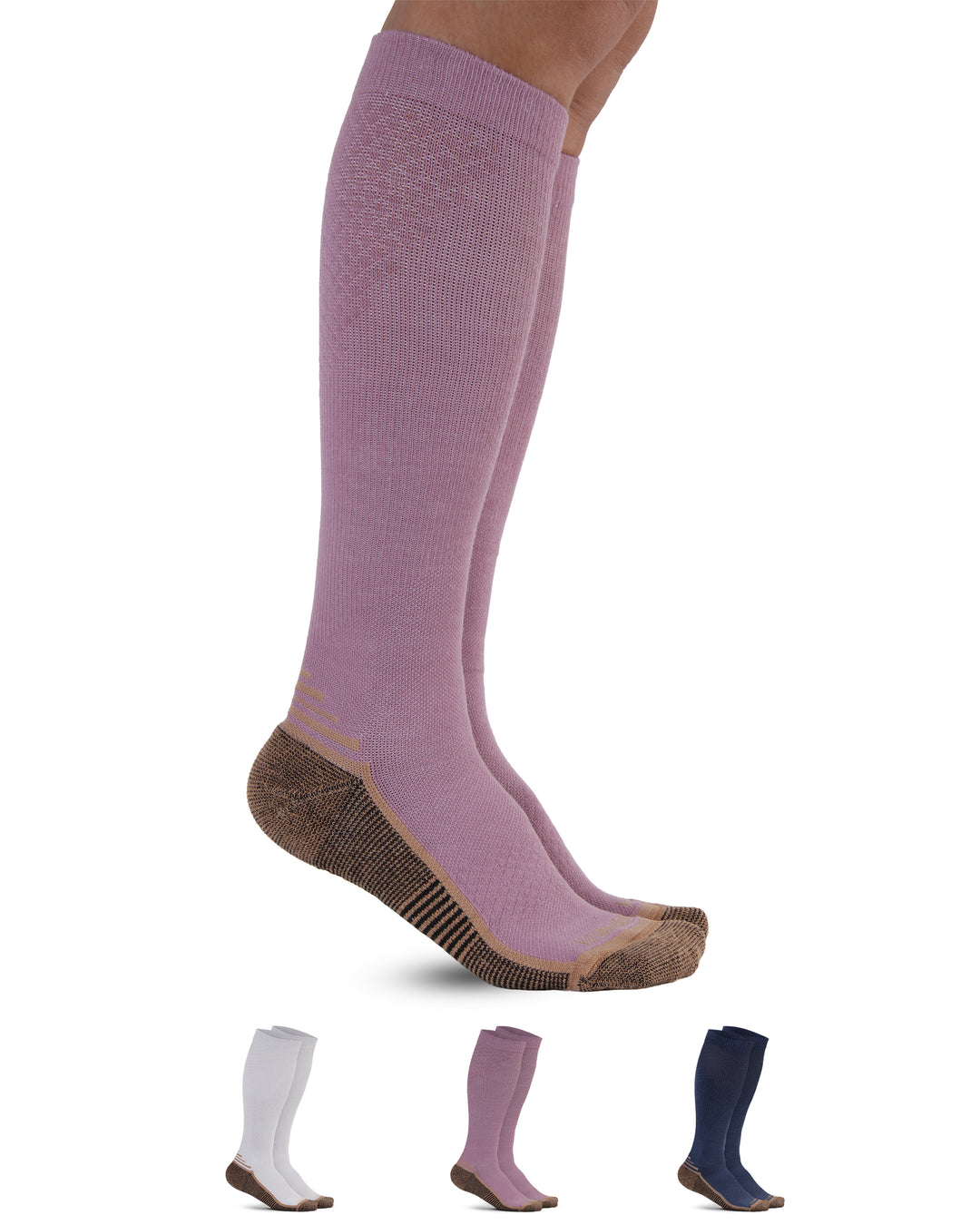 Purple knee-high sock with brown sole on a white background