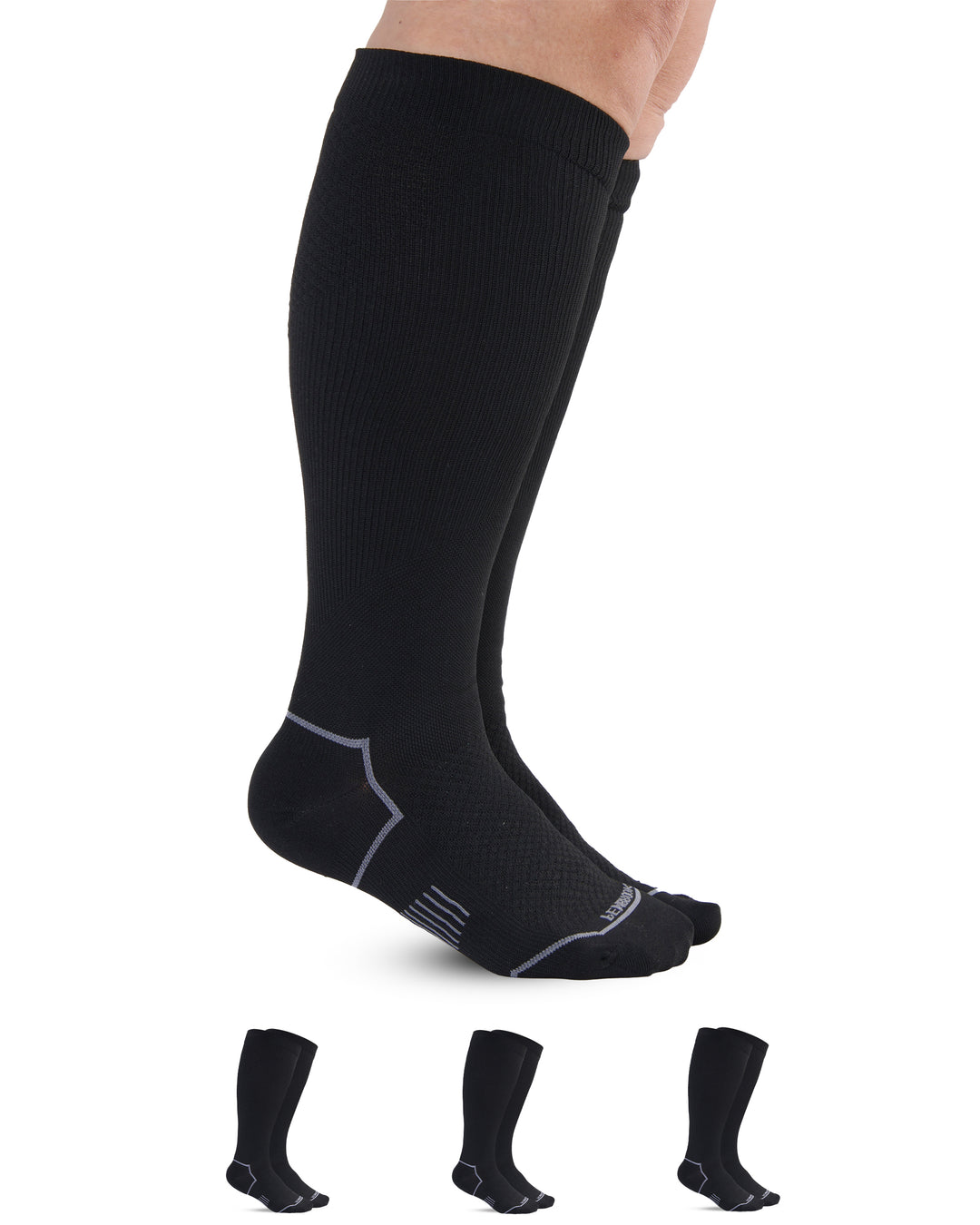 Black knee-high socks with additional pairs displayed below on a white background