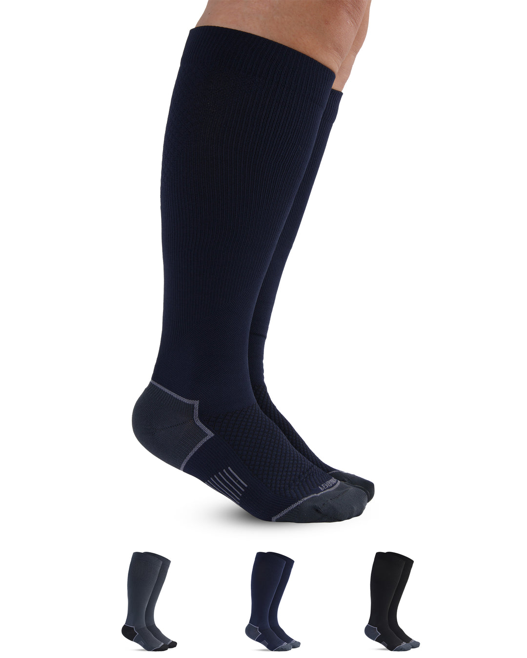 Navy knee-high socks with a brand logo on a white background