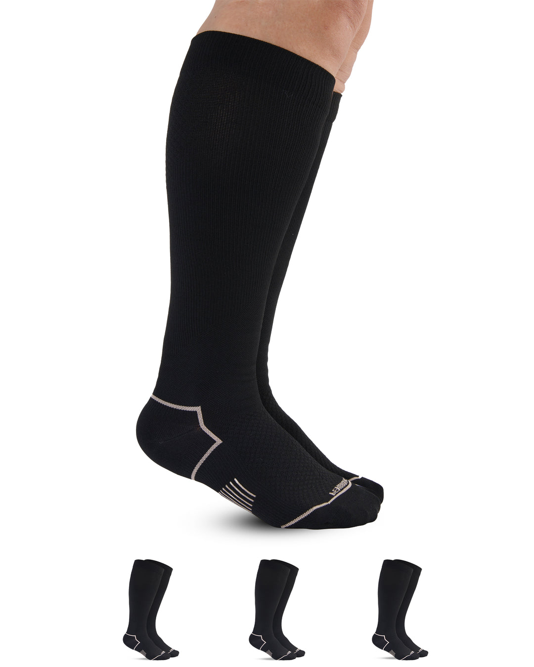 Black knee-high socks with additional pairs displayed below on a white background
