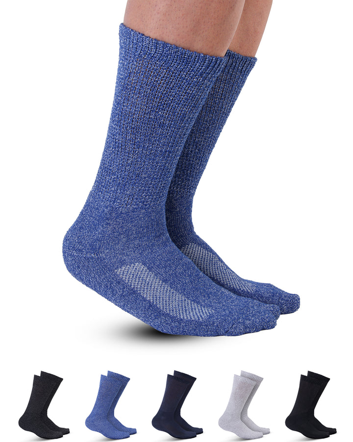 Blue socks being worn with a display of various color options below on a white background