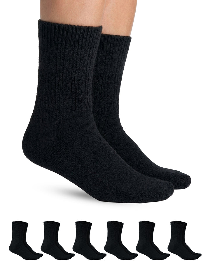 Black socks on feet with a set of additional black socks displayed below on a white background