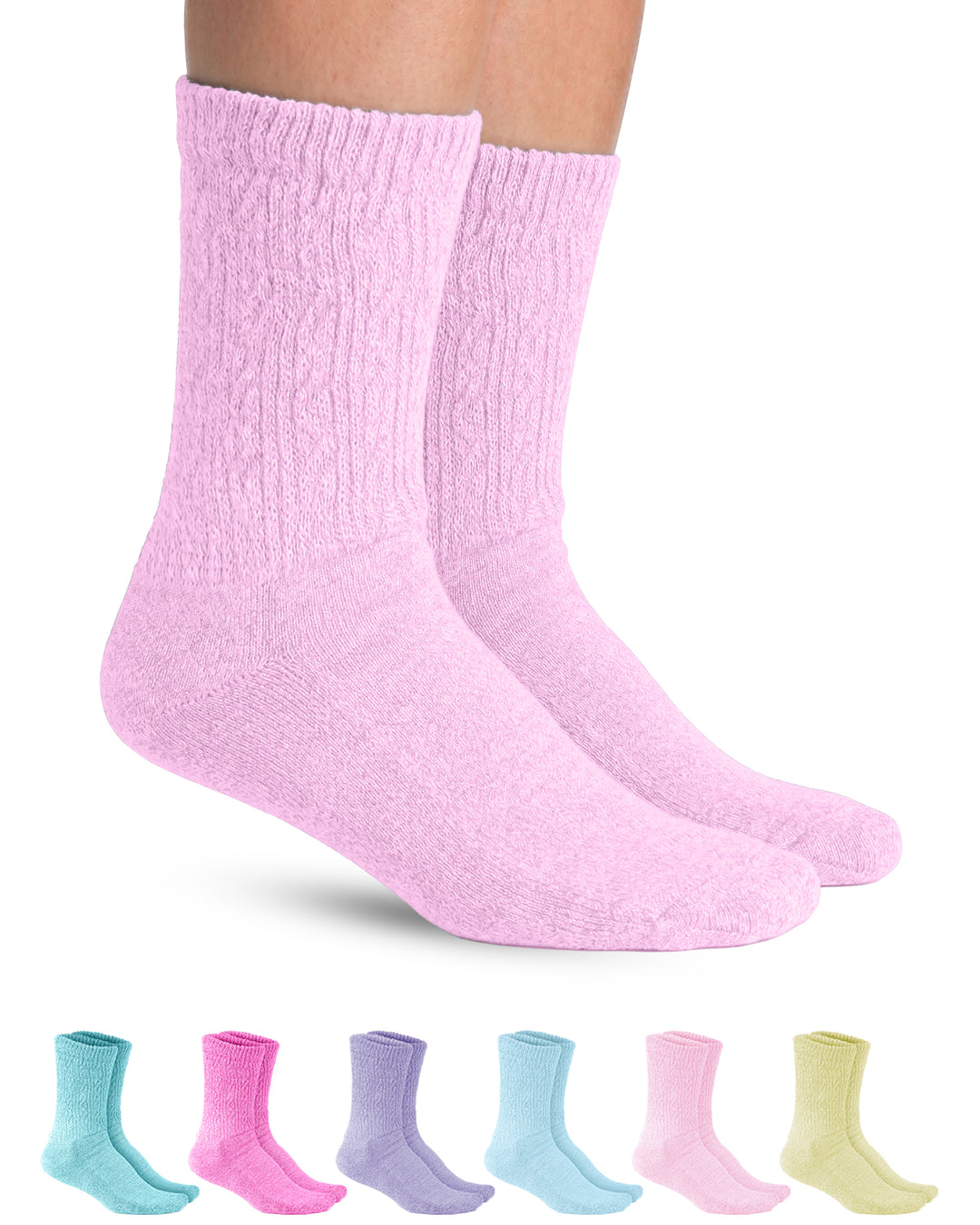 Pink socks on a white background with other colored socks displayed below.