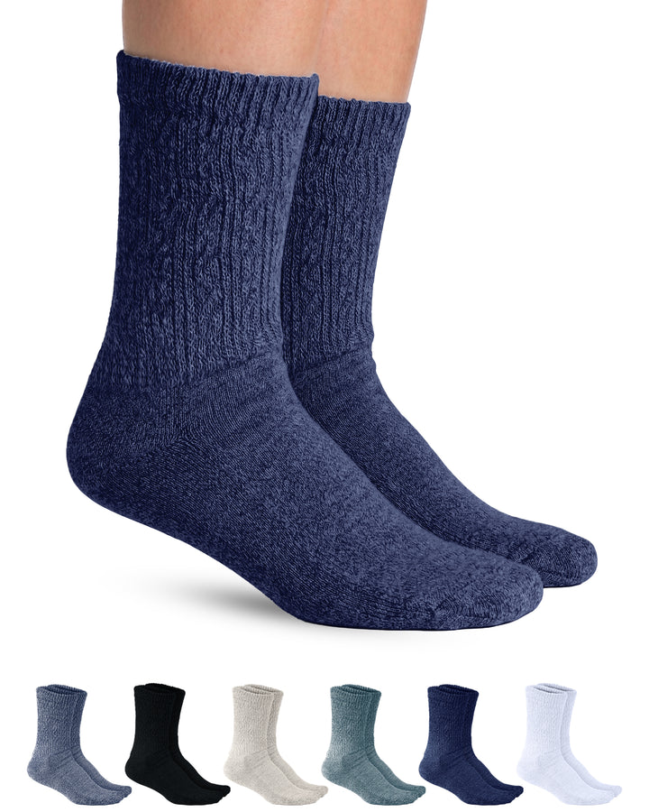 Pair of blue socks with a color swatch below on a white background