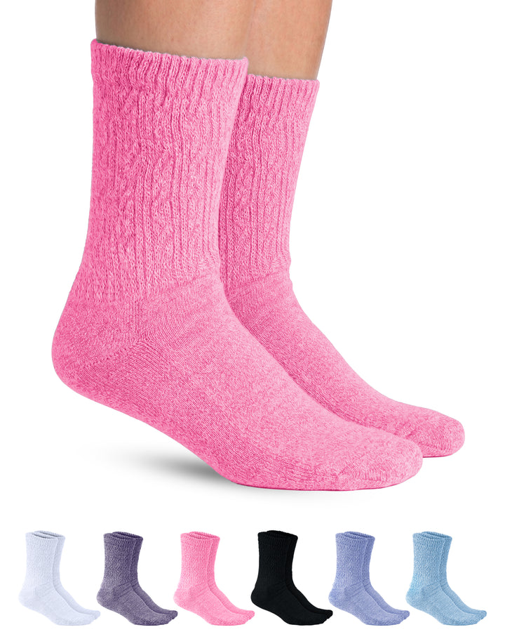 Pink textured socks on a white background with color swatches below.
