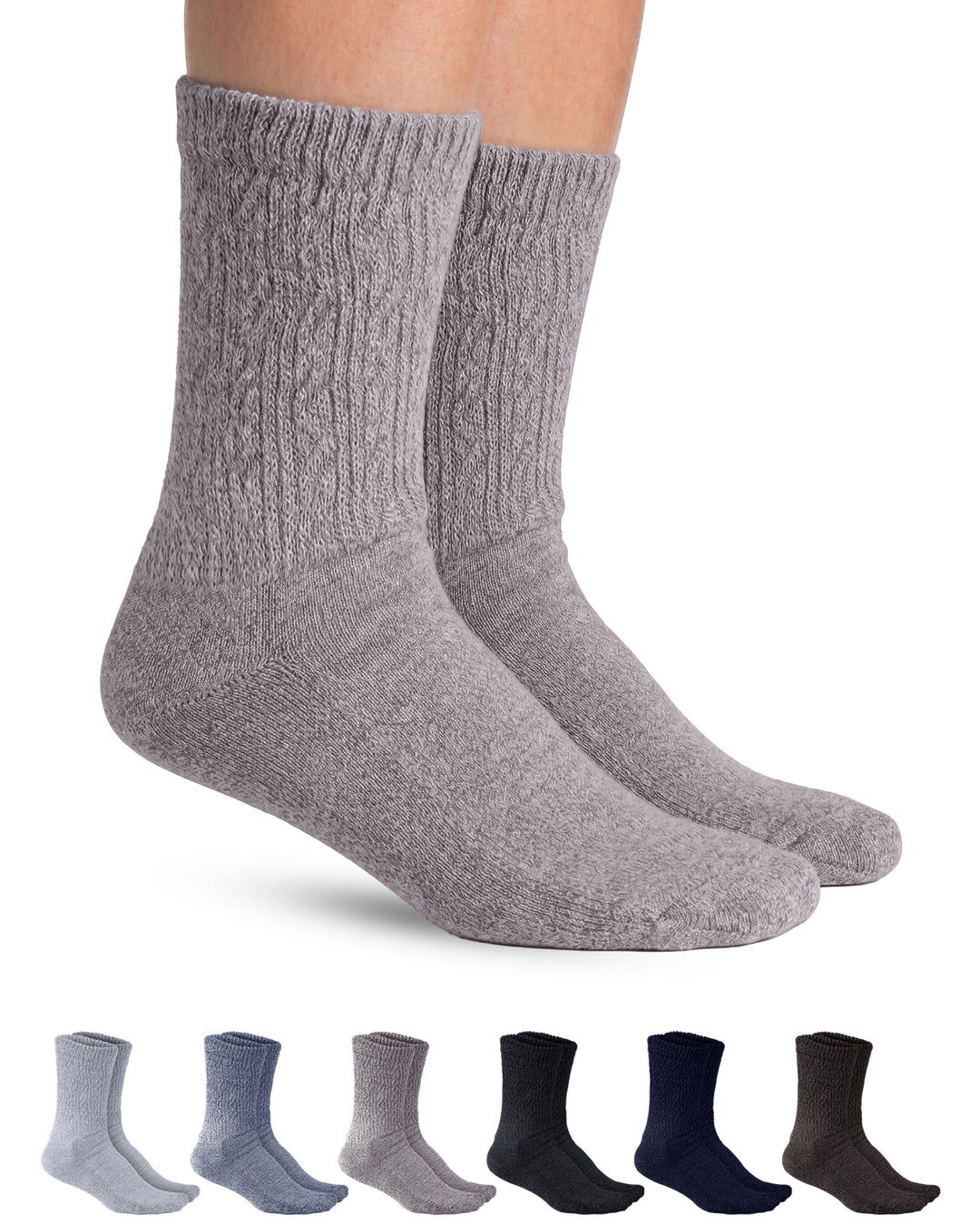 Gray cable knit socks on a white background with additional pairs displayed below.