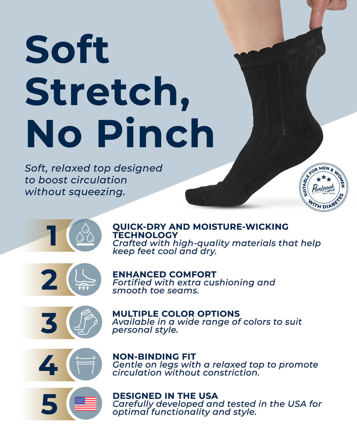 Black sock with text detailing features on a light blue background