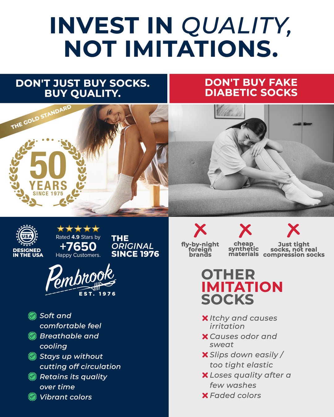 Advertisement for Pembrook diabetic socks with text and images of people wearing socks.