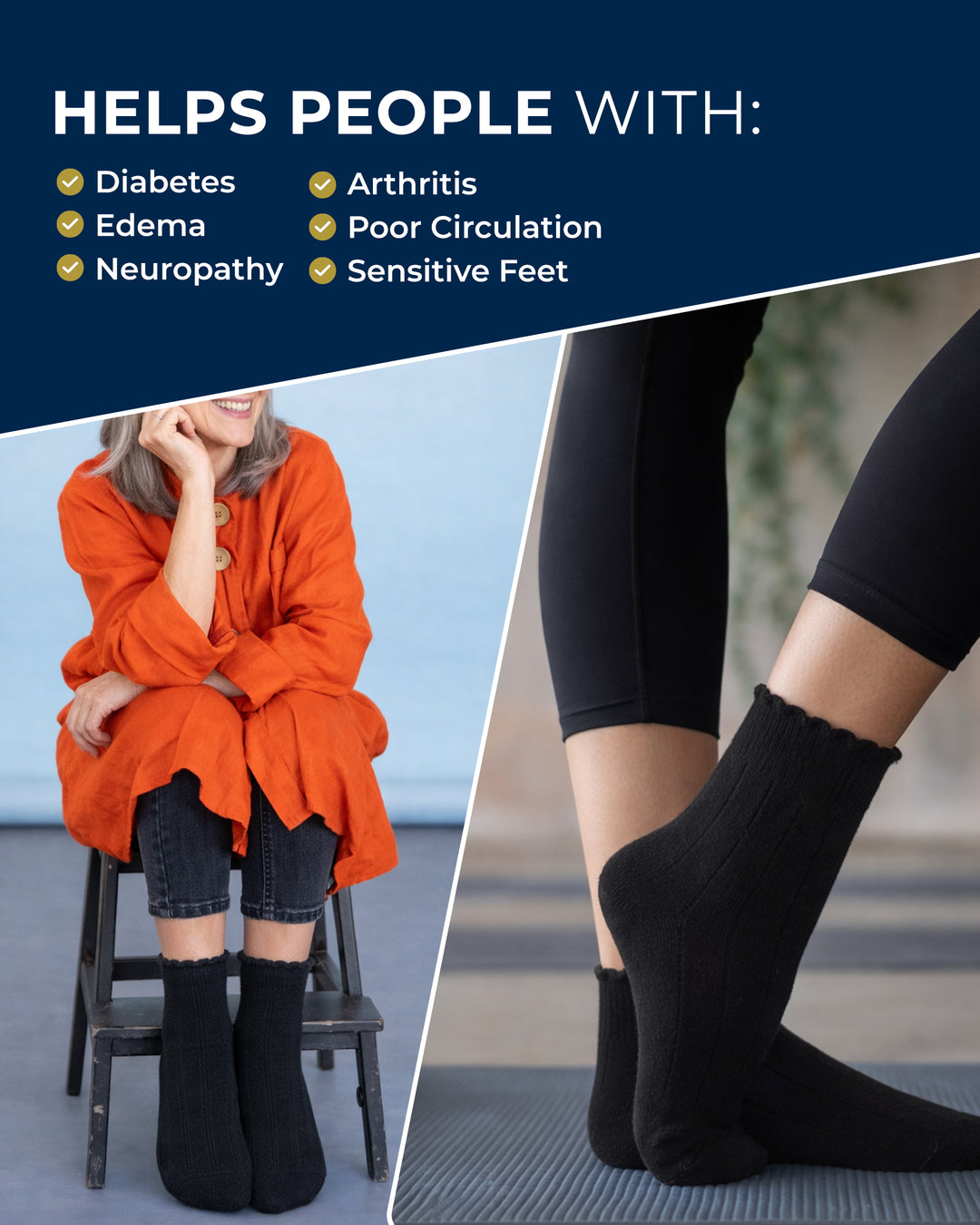 Person wearing black socks with text highlighting benefits for diabetes, arthritis, edema, poor circulation, neuropathy, and sensitive feet.