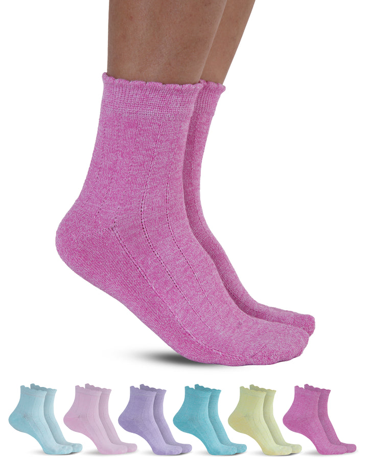 Pink socks with a row of six pairs in various colors on a white background