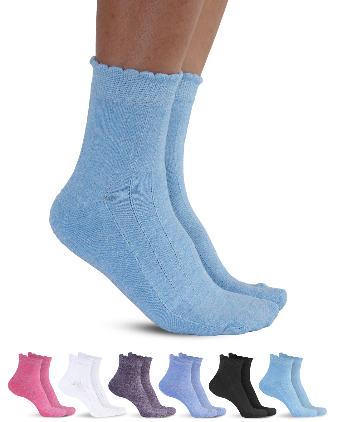 Light blue socks with a row of six pairs in different colors below on a white background