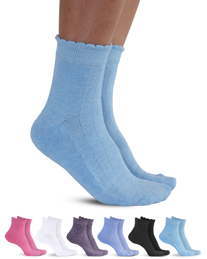 Light blue socks with a row of six pairs in different colors below on a white background