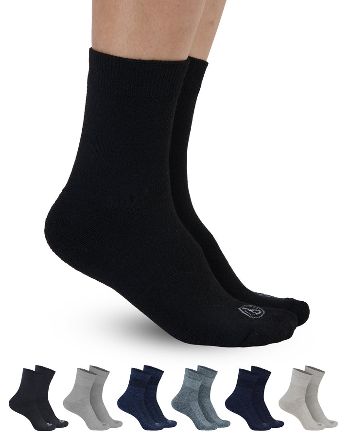 Black sock with a row of six other socks in various colors below on a white background
