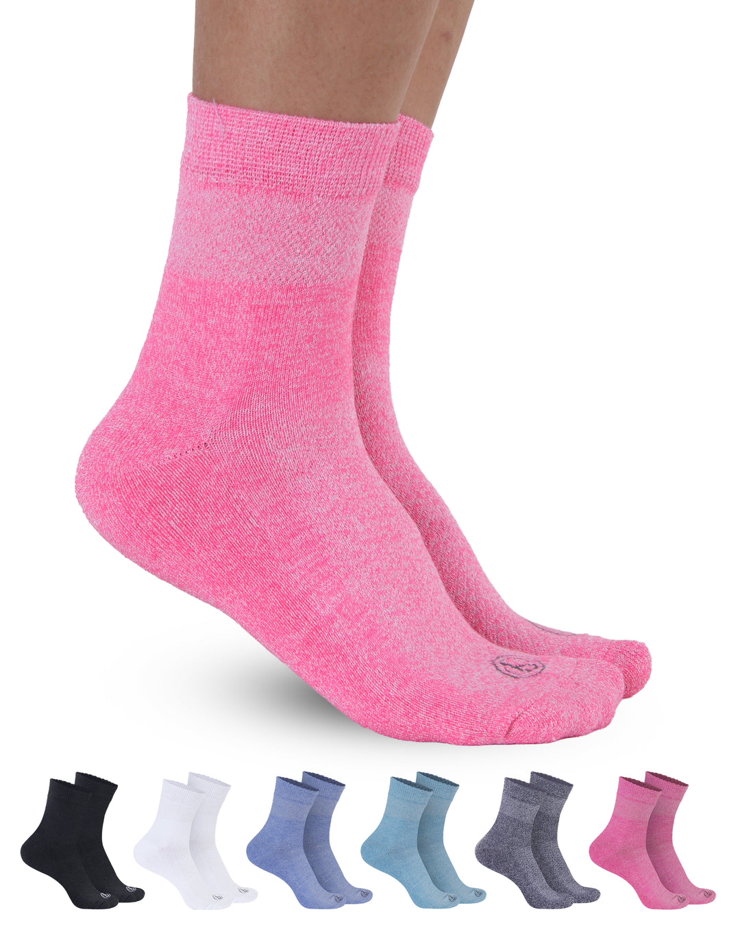 Pink sock with a row of other colored socks below on a white background