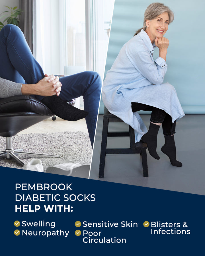 Advertisement for Pembrook diabetic socks with two images of people wearing socks and text about sock benefits.