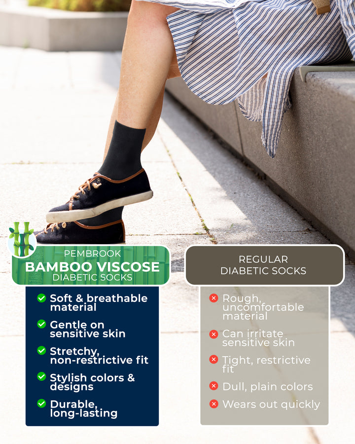 Person wearing bamboo viscose diabetic socks with product features highlighted.