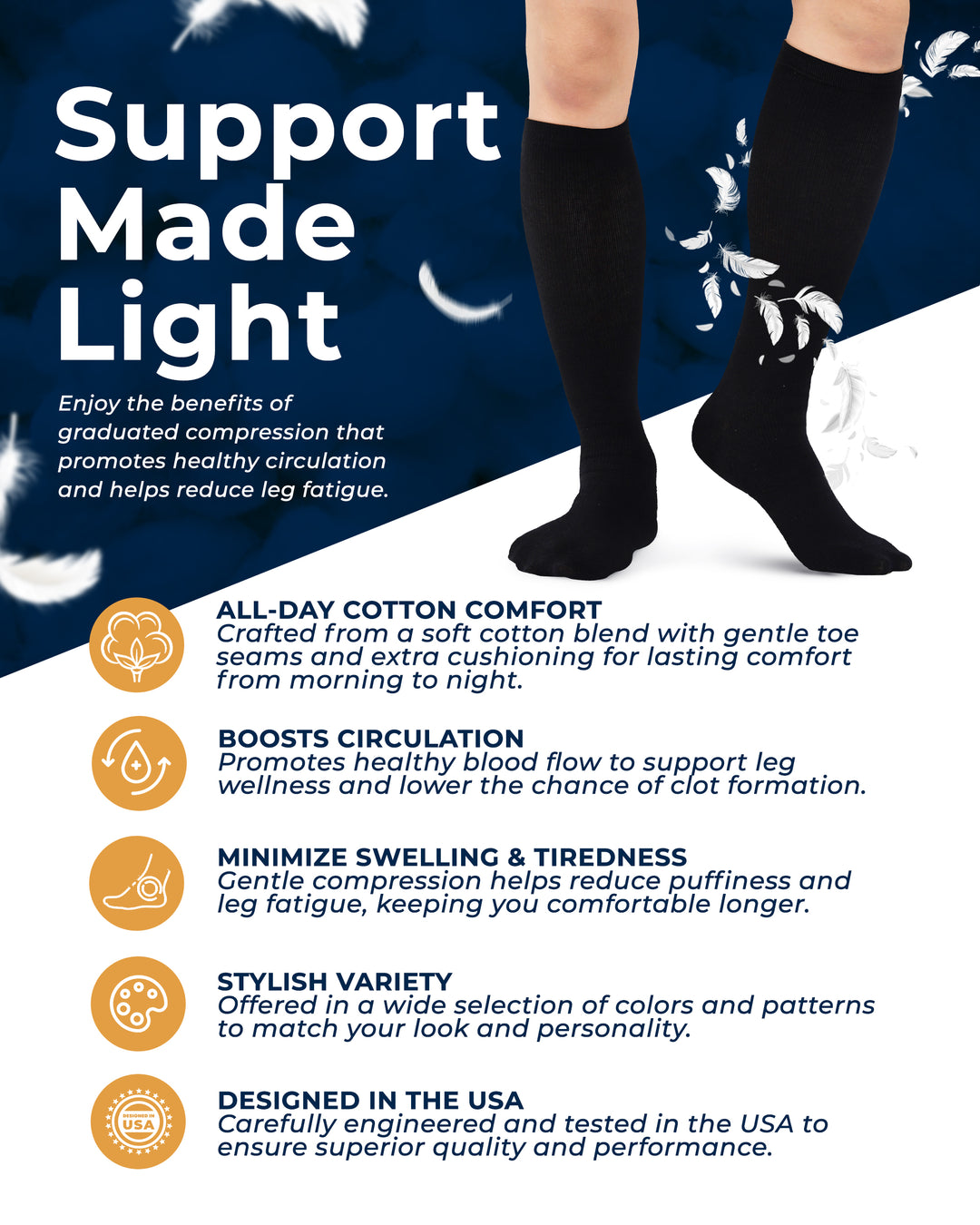 Knee-high socks with text highlighting benefits on a blue background