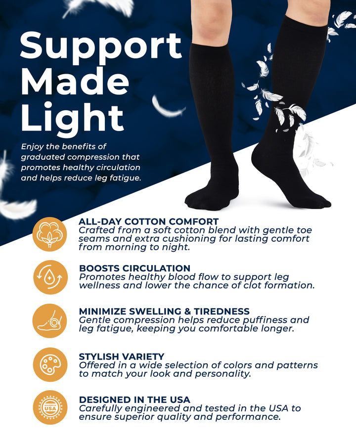 Knee-high socks with text highlighting benefits on a blue background